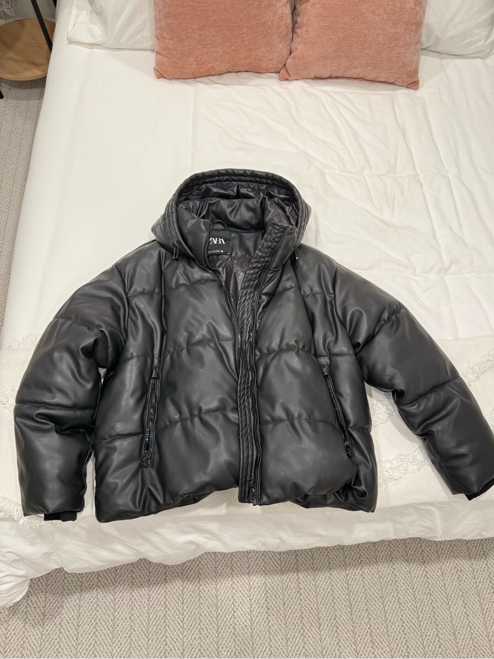 Zara Faux Leather Puffer Jacket with Hood